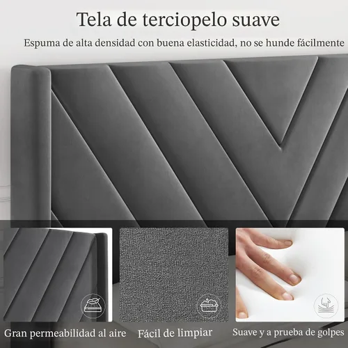 Miniatura 5 de Yaheetech Base de cama tamaño Queen con plataforma tapizada con cabecera con lados en forma de ala/soporte de listones de madera/cabecera tapizada