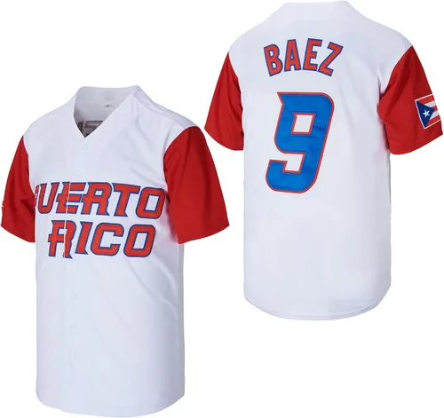#9 Baez Puerto Rico World Game Classic - Camiseta de béisbol para hombre con costuras S-XXXL