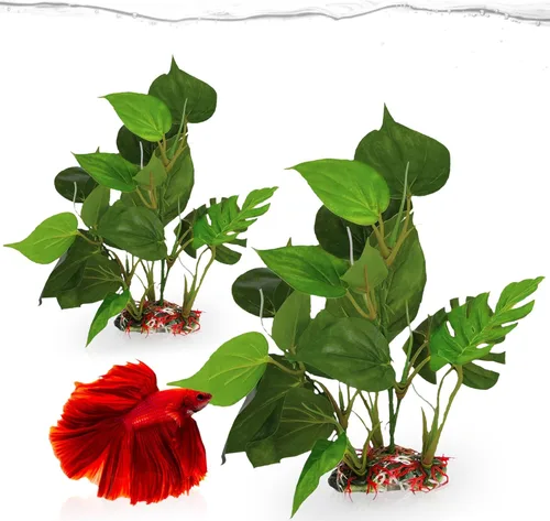 Miniatura 2 de SunGrow Planta de hojas de plástico, base de cerámica resistente, lugar para esconderse para peces, betta, pez ángel, peces dorados, rana, pitón