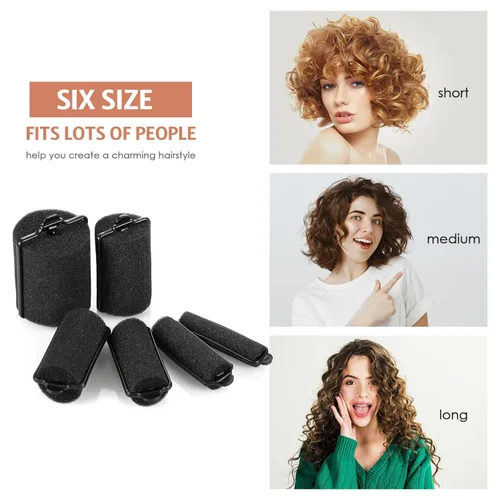 Miniatura 6 de Syhood 56 rodillos de esponja de espuma, 6 tamaños, rizadores suaves para dormir, herramienta de esponja flexible, peine de cola de rata para Negro