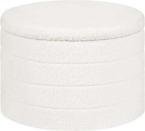 Miniatura 10 de Otomana redonda Boucle de almacenamiento, taburete otomano de tela de peluche Sherpa con tapa de bandeja reversible, reposapiés plegable