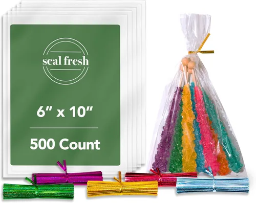Seal Fresh Bolsas de celofán transparente con lazos holográficos láser de 4 a 5 x 7 pulgadas (500 unidades) - Bolsas de celofán, bolsas de galletas,