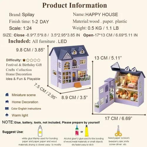 Miniatura 4 de Spilay Casa de muñecas Kit de muebles de madera en miniatura, mini casa de muñecas hecha a mano con LED, escala 1:24, juguetes creativos