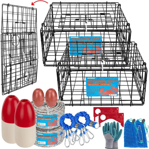 QualyQualy 2 Packs Foldable Crab Trap 24", Crab Bait Bag，Pacific Heavy Duty Steel Crap Cage Kit with Harness, 100’ Sinking Line, Easy Store & Carry