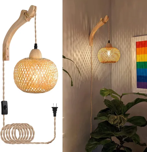 Frideko - Farol de bambú enchufable, apliques de pared de mimbre con cable de enchufe, luz de pared de ratán tejida a mano, apliques de pared
