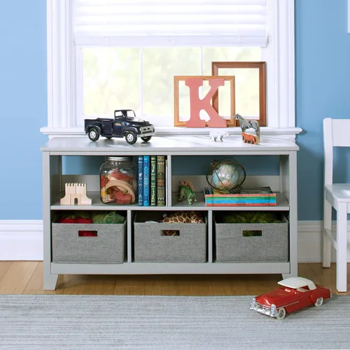 Miniatura 3 de Martha Stewart Estantería baja para niños (gris) - Organizador de almacenamiento de madera de 24 pulgadas con cubos de tela para sala