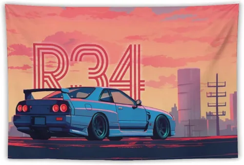 Miniatura 18 de QEOPGNE Tapiz grande para colgar en la pared, diseño de puente de puerta dorada, grandes olas, japonés, retro, Jdm, auto, R34, tapiz para 2