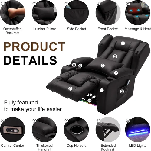 Miniatura 4 de DRMBOOK Silla Reclinable Eléctrica, Sofá Reclinable Eléctrico Wall Hugger con Masaje y Calor, Asiento de Teatro Sobrerelleno con Puerto