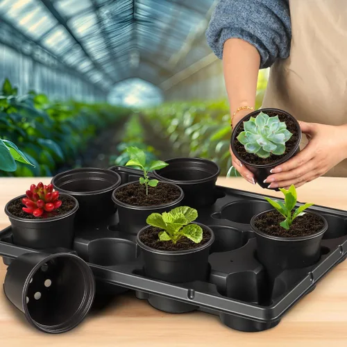 Miniatura 6 de RooTrimmer 60 piezas de macetas de plástico de 4 pulgadas y bandejas de 12 celdas de 5 piezas, bandejas de transporte de germinación de semillas