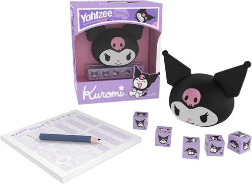 Miniatura 5 de YAHTZEE: Kuromi Taza de dados de cabeza Kuromi coleccionable Dados con su adorable gama de emociones Juego de dados clásico basado