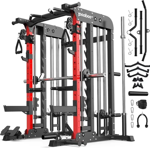 Miniatura 8 de pooboo Multi-Functional Machine Power Cage, 2000LB Squat Rack, LAT-Pull Down System, Dual Pulley Cable Crossover System, Home Gym Workout Machine