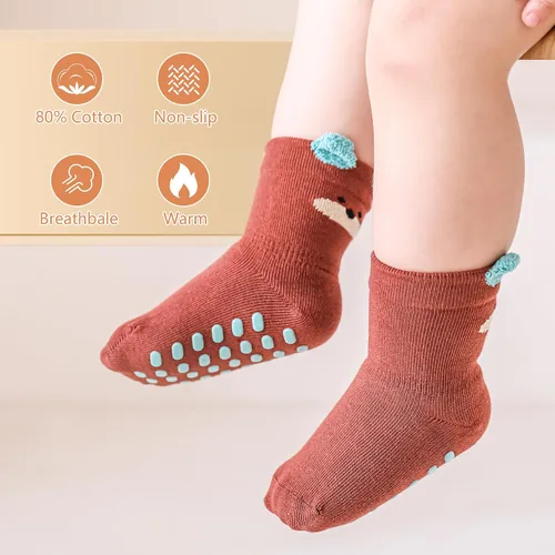 Miniatura 2 de Adorable diseño de animales de dibujos animados calcetines de algodón antideslizantes para bebés, 5 pares de calcetines antideslizantes para niños