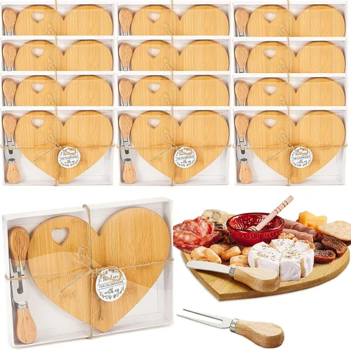 Miniatura 8 de Patelai Juego de 12 Tablas de Queso para Ducha de Soltera, Favores de Corazón, Tablas Mini de Charcutería, Cuchillos de Queso de Madera, Caja