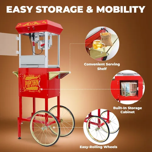 Miniatura 7 de Carro de máquina de palomitas de maíz de 8 onzas, 650 W, máquina para hacer palomitas de maíz con hervidor de acero inoxidable, máquina de palomitas