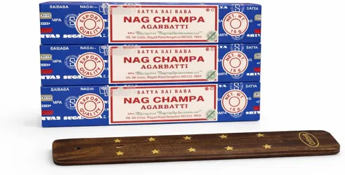 Satya Nag Champa 15 gramos x 3 paquetes de varillas de incienso con soporte para varillas de incienso Giftbrit para positividad, meditación,