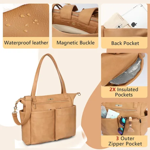 Miniatura 6 de miss fong Bolsa de pañales de cuero para bebé, mochila grande para pañales con 11 bolsillos cambiador, correas para cochecito, 4 bolsillos aislados