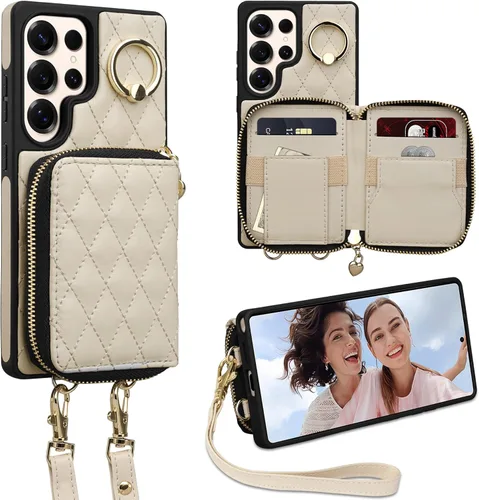 Miniatura 61 de Funda tipo cartera para iPhone 15 de 6.1 pulgadas, bolso cruzado con cremallera y correa para la muñeca con cordón para mujer, tarjetero con bloqueo