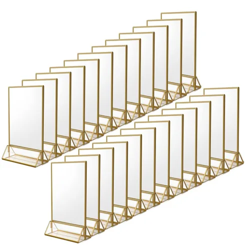 NIUBEE Paquete de 25 soportes dorados para números de mesa de 4 x 6 pulgadas, marcos transparentes, soportes acrílicos de doble cara para números de