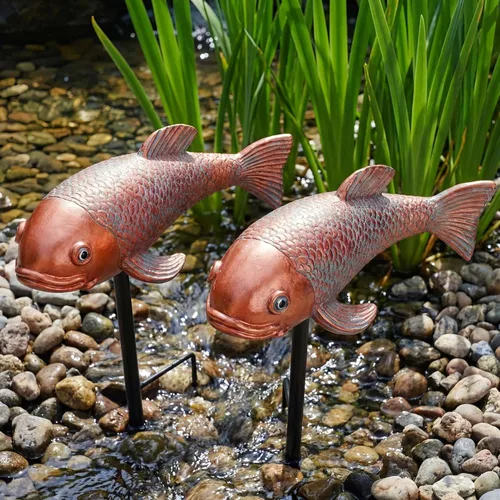 Miniatura 2 de Juego de 2 estatuas antiguas de Koi, escultura de jardín de peces reales de resina, elegante decoración de estanque de peces vivos para patio, Rojo