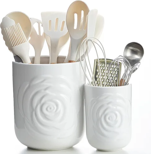 Juego de 2 soportes grandes para utensilios, 7.5 pulgadas + 5.5 pulgadas, recipiente de cerámica para encimera de cocina para espátulas, cucharas y