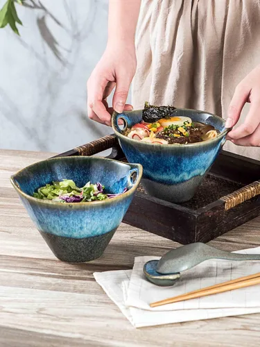 Miniatura 4 de Henten Home Juego de 2 cuencos de ramen de 20 onzas, cuencos de cerámica japoneses para fideos, cuencos profundos de porcelana con palillos