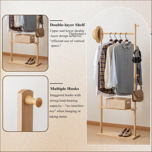 Miniatura 3 de SOBIBO Perchero de madera maciza con estantes y ganchos, perchero para ropa con almacenamiento para pasillo, dormitorio, sala de estar, 15.75