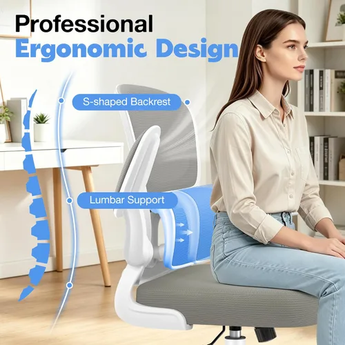 Miniatura 10 de ALLGOD Silla de oficina ergonómica, silla de escritorio ergonómica de malla transpirable con soporte lumbar ajustable, reposabrazos abatibles