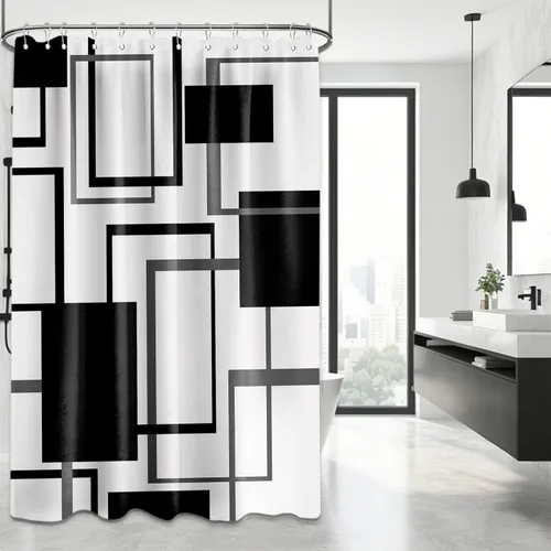 Miniatura 31 de Cortina de Ducha en Blanco y Negro Geométrica Cortinas de Ducha para Decoración de Baños de Hombres Juego de Cortina de Baño en Negro Blanco y Gris