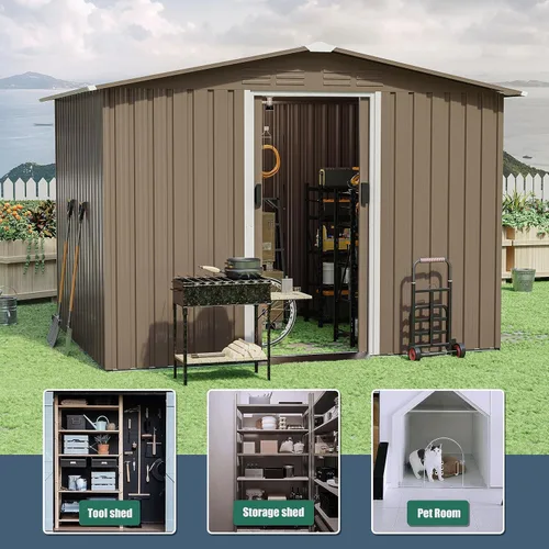 Miniatura 2 de Cobertizo de almacenamiento para exteriores de 8 pies x 6 pies, impermeable, cobertizo de herramientas de metal con puerta con cerradura y puerta