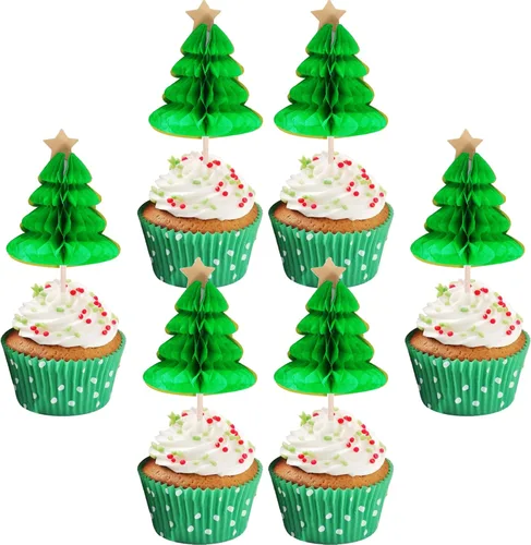 Miniatura 20 de 24 piezas de adornos para cupcakes de Navidad dorados verdes y rojos con purpurina, Papá Noel, árbol de Navidad, adornos para cupcakes para el tema