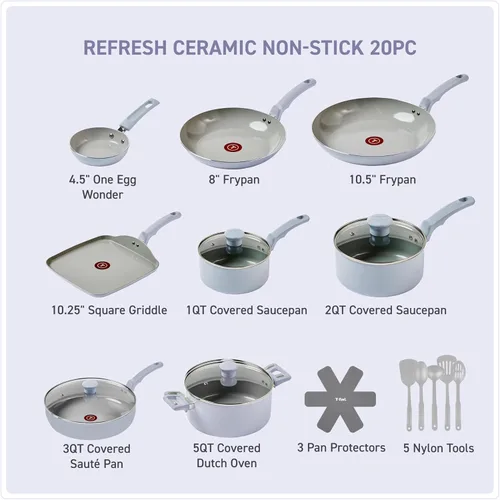 Miniatura 2 de T-Fal Refresh - Juego de utensilios de cocina antiadherentes de cerámica, 20 piezas, apto para horno hasta 350 °F, incluye olla, plancha, sartenes