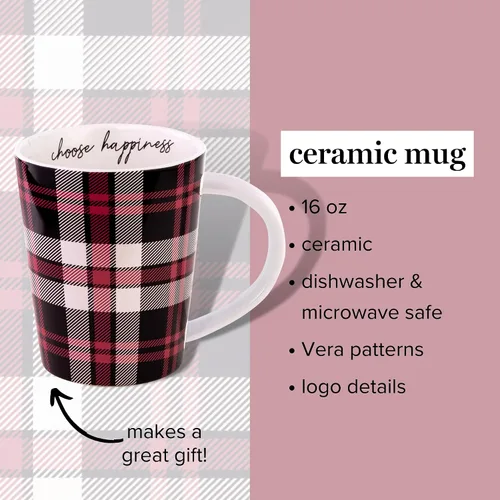 Miniatura 2 de Vera Bradley Taza de café grande, bonita taza de cerámica con capacidad para 16 onzas, apta para lavavajillas y microondas, chimenea a cuadros