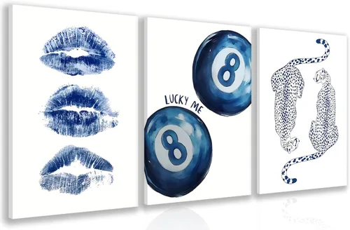 GELDSTEI Arte de Pared de Guepardo Azul Preppy, Imágenes Estéticas Retro de Bola 8 Azul Marino, Obra de Arte en Lienzo Envuelto de Labios de Beso
