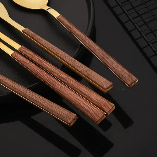 Miniatura 5 de JASHII Juego de cubiertos reutilizables de 24 piezas, acero inoxidable dorado, tenedor, cuchara, palillo y mango cuadrado de madera, servicio