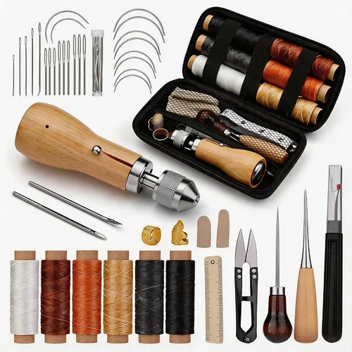 Miniatura 6 de Kit de punzón de costura, herramienta portátil, hilo de coser de cuero, kit de hilo encerado para manualidades de reparación de costura de cuero