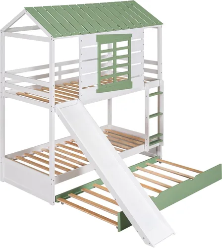 Miniatura 6 de Litera de casa individual sobre cama individual con tobogán convertible y nido, litera de madera maciza con techo y ventana para niños, verde-blanco