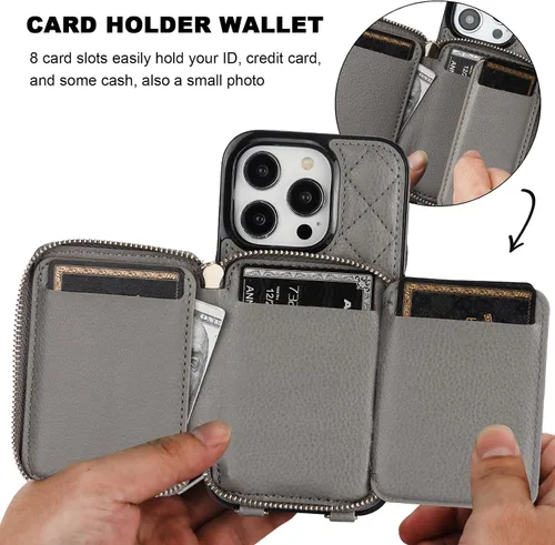 Miniatura 4 de Bocasal Funda tipo cartera cruzada para iPhone 14 Pro, bloqueo RFID, de piel sintética, con cremallera, funda tipo cartera con función atril y Gris