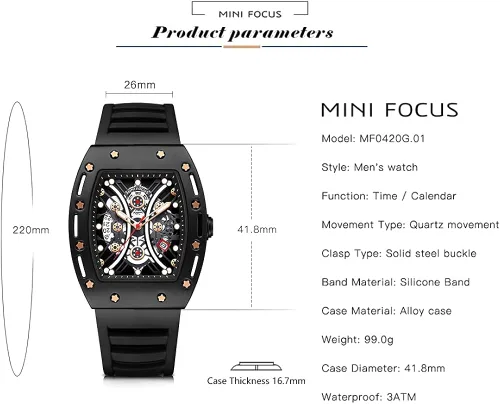 Miniatura 6 de MF MINI FOCUS Watch Wristwatch Fashion Hollow Big Dial Luminous Waterproof Sport Analog Quartz Business Mens Watches Silicon Strap Dress Watch