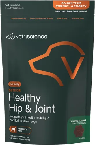 VetriScience Senior Healthy Hip & Joint Soft Chews, GlycoFlex Glucosamina, mejillón de labios verdes y suplemento para articulaciones de carnitina