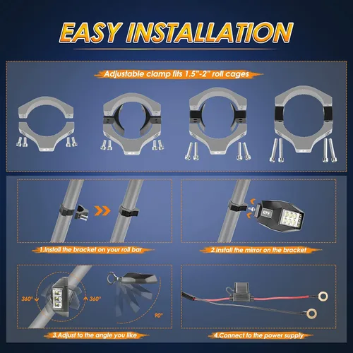 Miniatura 5 de Espejos Laterales UTV con Luces LED, Espejo Retrovisor Iluminado que se Ajusta a Jaula de Barra Antivuelco de 1.5"-2", Espejos Laterales RZR