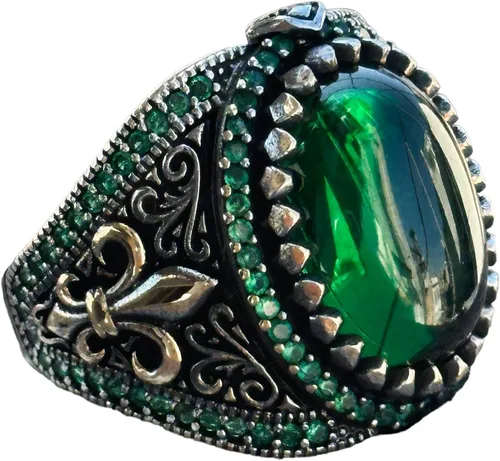 Silver Handmade Ring, Emerald Stone Ring, Silver Green Zircon Stone Ring, Engraved Silver Ring, Ottoman Style Ring, Gift For Him