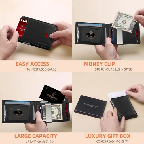 Miniatura 95 de RUNBOX - Carteras delgadas para hombre, cartera de piel con pinza para el dinero, cartera de bolsillo frontal con bloqueo RFID, tarjetero