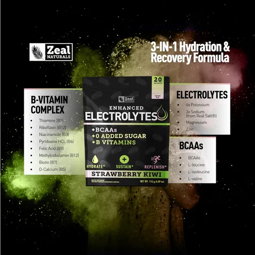 Miniatura 5 de Paquetes de electrolitos mejorados en polvo (fresa y kiwi 20 paquetes) con 0 azúcar+BCAA + suplemento de electrolitos de vitaminas B con zinc