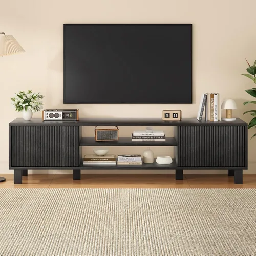 Wood TV Stand for 65+ Inch TV, Boho Television Stand with Natural Rattan Sliding Doors & Adjustable Shelves, Entertainment Center Media Console for