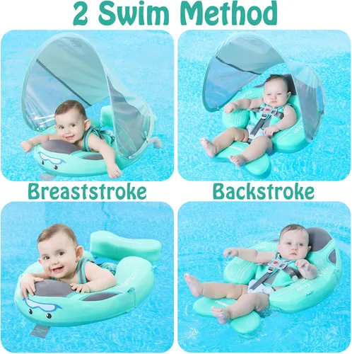 Miniatura 4 de Mambobaby Flotador con toldo y cola - Flotador para bebé con toldo, entrenador de natación infantil no inflable mejorado, toldo UPF+, arnés