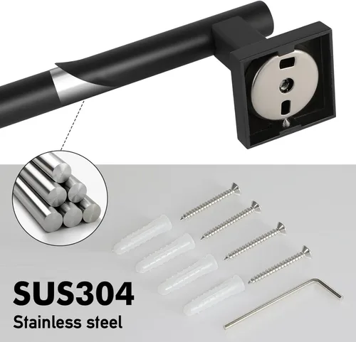 Miniatura 6 de Toallero individual negro mate, barra de toalla de acero inoxidable de 32 pulgadas, base cuadrada, soporte de toalla montado en la pared para baño