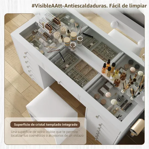 Miniatura 6 de Yanosaku Escritorio de tocador de 55 pulgadas de ancho, tocador de maquillaje con estación de carga, 15 cajones con espejo iluminado, 3 modos