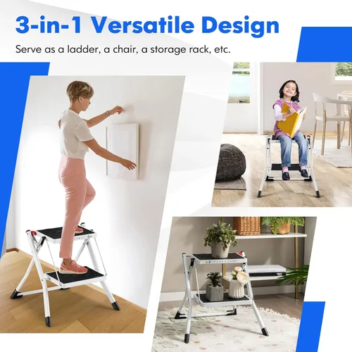 Miniatura 4 de Goplus Escalera de 2 escalones, taburete plegable ligero con pedales antideslizantes, cubiertas antideslizantes para pies, escalera de mano de metal