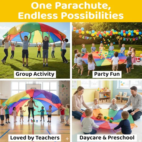Miniatura 5 de GSi Paracaídas de juego para niños, paracaídas arcoíris, juego de tienda de campaña para niños, para gimnasia, juego cooperativo y actividades