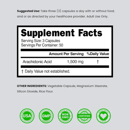 Miniatura 6 de Suplemento de ácido araquidónico de 1500 mg (150 cápsulas), suplemento muscular y de fuerza para masa muscular y recuperación para hombres